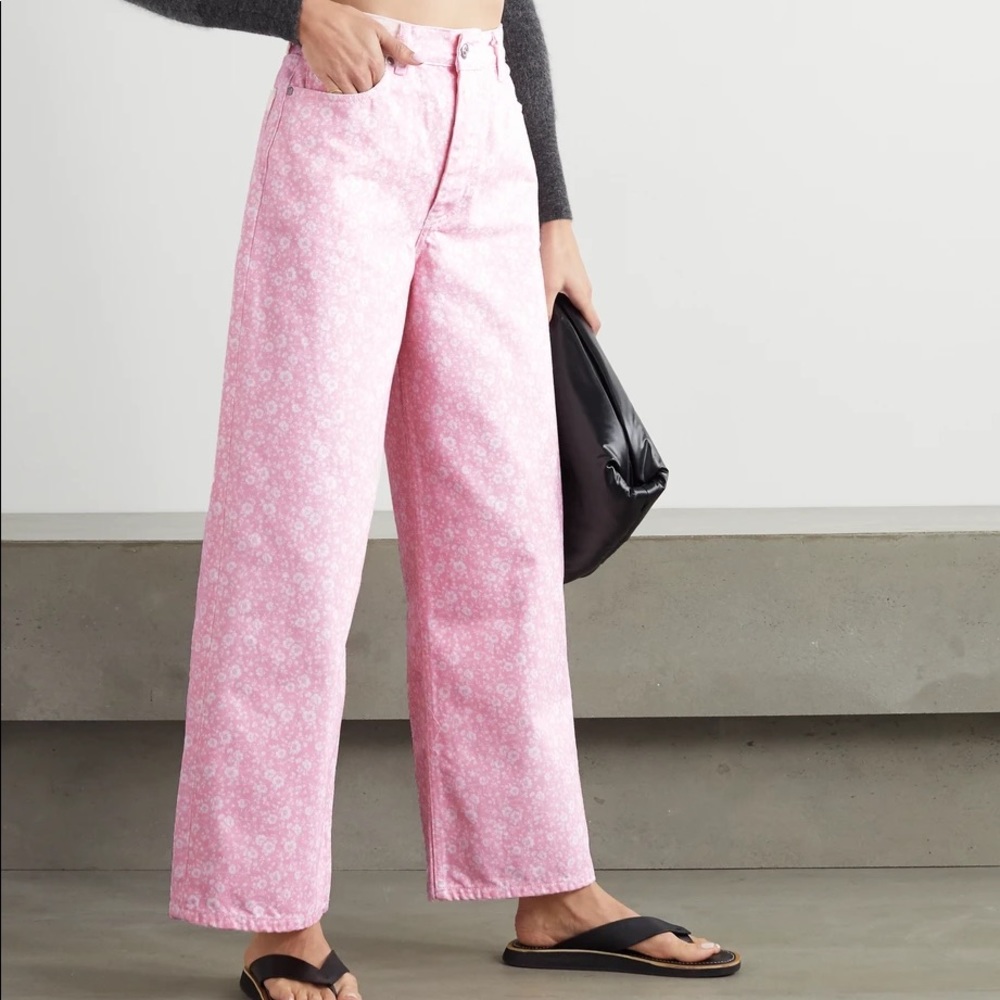 GANNI floral-print high-rise wide-leg jeans
